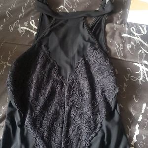 Black mesh and lace bodysuit